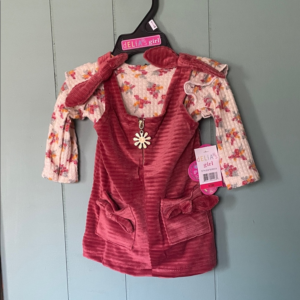 Baby 0-3 months adorable Delia's Girl Pink Corduroy Dress with Floral Top